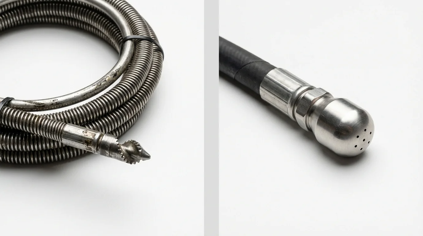 Drain snake cable and hydro jetting nozzle used for drain cleaning in Hayden, ID